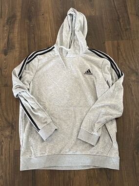 Adidas Gray Pullover Hoodie 3 Stripe Sleeve Logo Sweatshirt Men’s XL